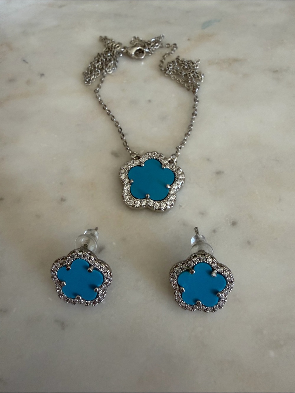 Silver-Tone Turquoise Flower Necklace & Stud Earring Set